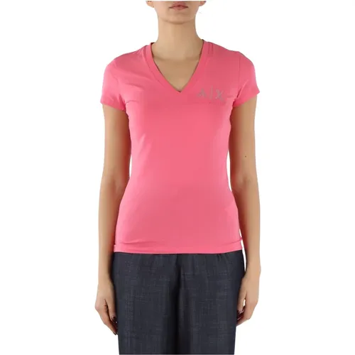Stretch Baumwoll V-Ausschnitt T-Shirt , Damen, Größe: S - Armani Exchange - Modalova