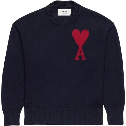 Intarsia Heart Logo Knit Sweater , male, Sizes: L, XL, XS, M, S - Ami Paris - Modalova