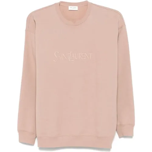 Rosa Rundhalsausschnitt Pullover mit Besticktem Logo - Saint Laurent - Modalova