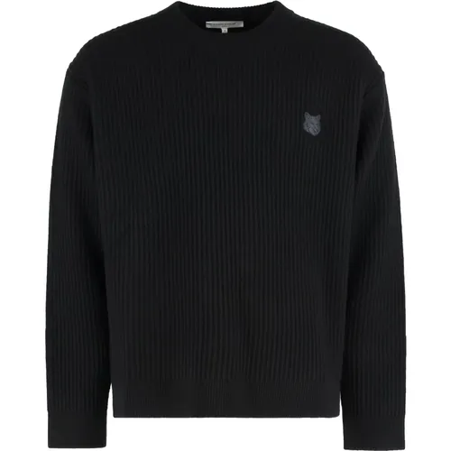 Round-neck Knitwear, male, , Size: XL Ribbed Wool Sweater - Maison Kitsuné - Modalova