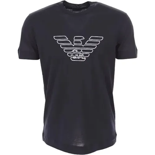 Navy Tencel Blend Eagle Logo T-shirt , male, Sizes: L, XL - Emporio Armani - Modalova