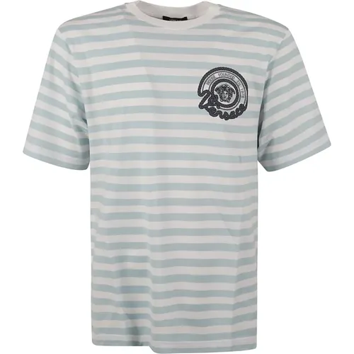 Gestreiftes Jersey T-Shirt mit Besticktem Nautischem Emblem , Herren, Größe: L - Versace - Modalova