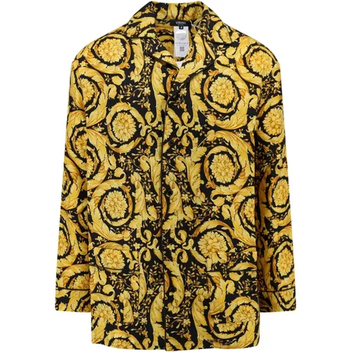 Gold Silk Bowling Collar Shirt , male, Sizes: M - Versace - Modalova