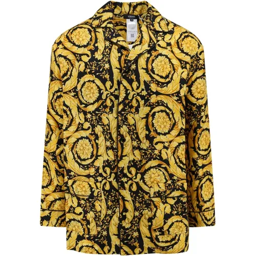 Gold Silk Bowling Collar Shirt , male, Sizes: XL, L, M - Versace - Modalova
