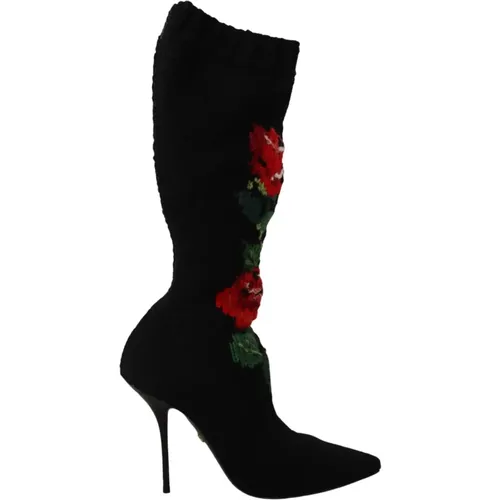 Heeled Boots, female, , Size: 9 1/2 US Stretch Socks Red Roses Booties - Dolce & Gabbana - Modalova