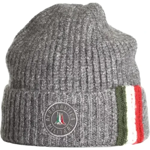 Winterliche Rippstrick-Beanie mit Umschlag - Grau - aeronautica militare - Modalova