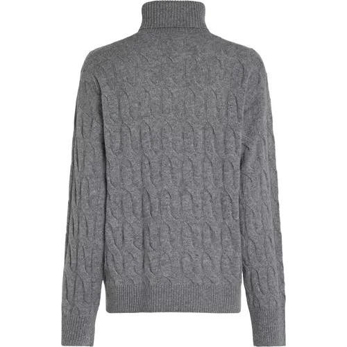 Grauer Weicher Wollkabel Rollkragenpullover , Damen, Größe: L - Tommy Hilfiger - Modalova