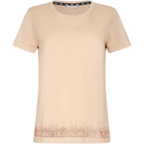 T-Shirts, female, , Size: S Beige Cotton Round Neck Short Sleeve T-Shirt - Liu Jo - Modalova