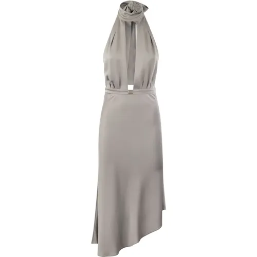 Satin Midi Dress With Asymmetric Skirt , female, Sizes: L - Elisabetta Franchi - Modalova