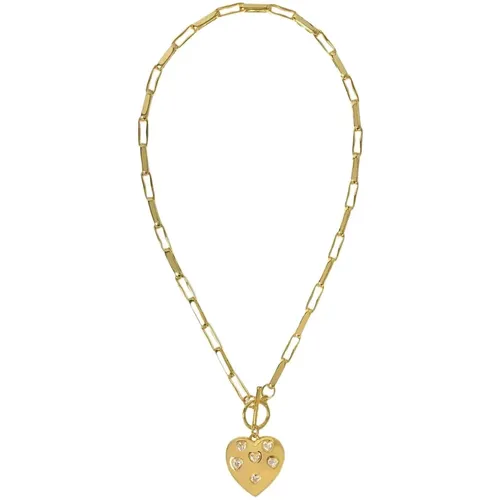 Gold Messing Halskette mit Herzanhänger , Damen, Größe: ONE Size - Timeless Pearly - Modalova