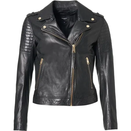 Classic Leather Jacket with Golden Metal Details , female, Sizes: S - Rockandblue - Modalova