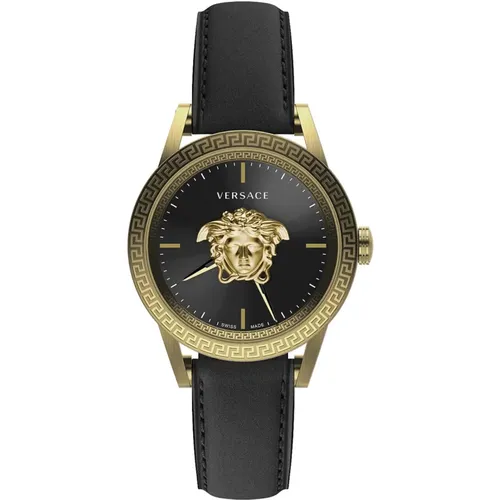 Black Leather Quartz Watch , male, Sizes: ONE SIZE - Versace - Modalova