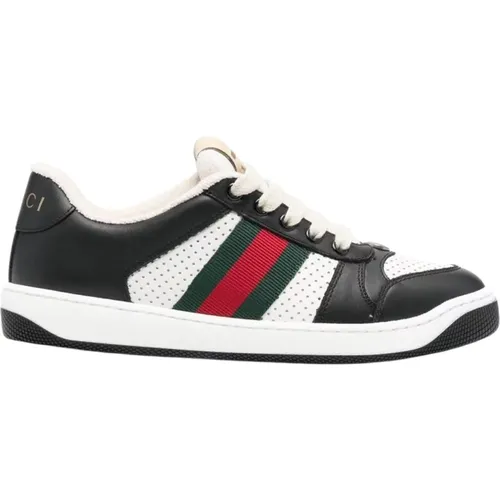 Black Leather Sneakers with Web Detail , female, Sizes: 7 UK - Gucci - Modalova