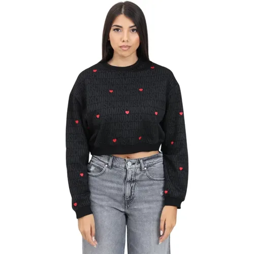 Schwarzer Crewneck Sweatshirt mit Herzstickerei , Damen, Größe: M - Moschino - Modalova