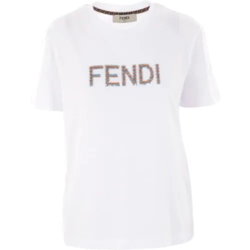 Weiße Baumwoll-T-Shirt mit Pailletten-Logo - Fendi - Modalova