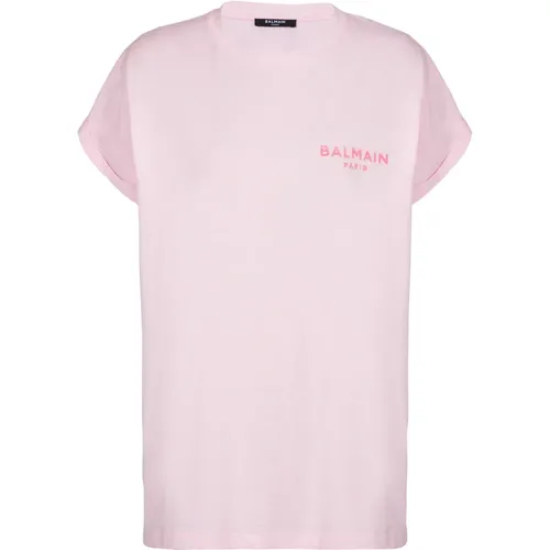 T-shirt with flocked Paris logo , female, Sizes: L - Balmain - Modalova