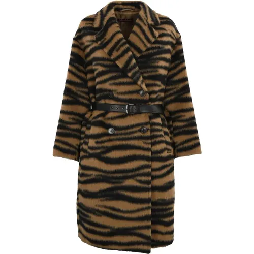 Double-Breasted Coats, female, , Size: S Animal Print Belted Wool Coat - Max Mara Studio - Modalova