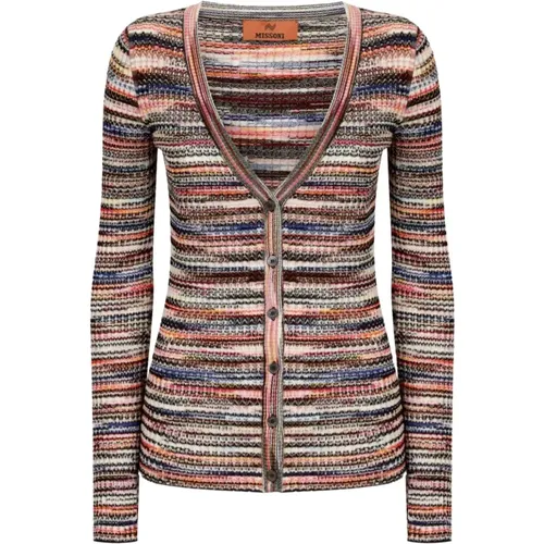 Cardigans, female, , Size: XS Orange Multicolour Striped V-Neck Sweater - Missoni - Modalova