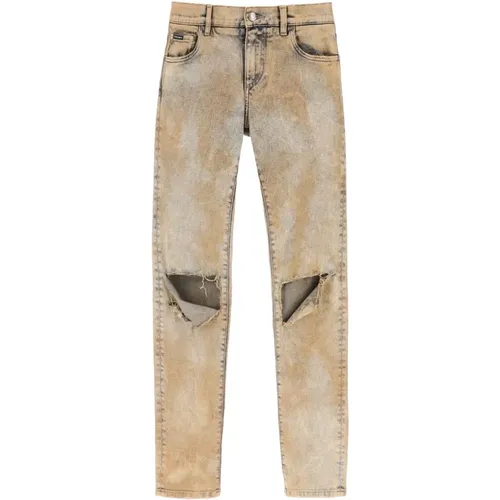 Skinny Jeans aus übergefärbtem Denim mit Knie-Rissen , Herren, Größe: XL - Dolce & Gabbana - Modalova