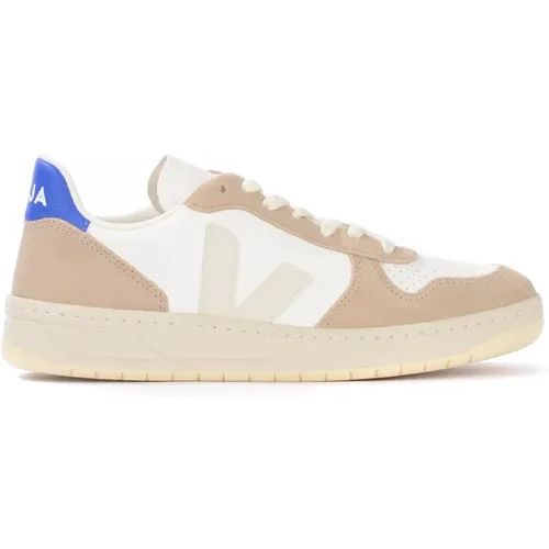 Sneakers, male, , Size: 7 US V-10 Leather Sneaker White Beige Blue - Veja - Modalova