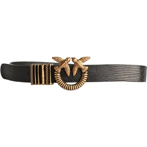 Lizard Print Leather Belt with Love Birds Diamond Cut Buckle , female, Sizes: XS, L - pinko - Modalova