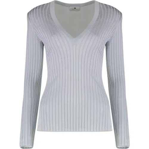 V-neck Knitwear, female, , Size: L Ribbed Knit V-Neck Long Sleeve Top - Elisabetta Franchi - Modalova