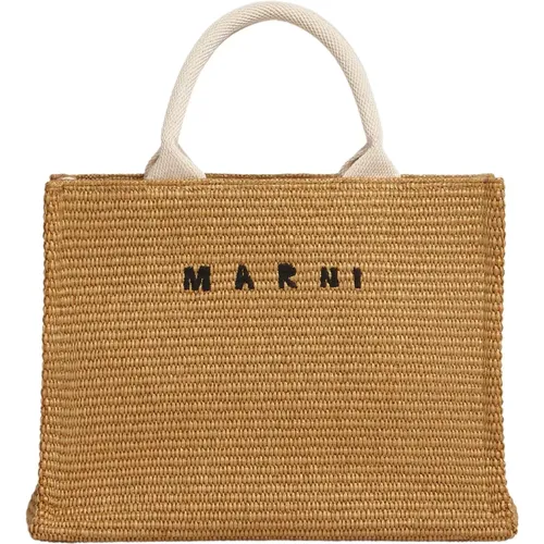 Tote Bags, female, , Size: ONE SIZE Small tote in natural-coloured raffia-effect fabric - Marni - Modalova