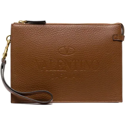 Clutches, male, , Size: ONE SIZE Identity Handle Flat Pouch Leather - Valentino Garavani - Modalova