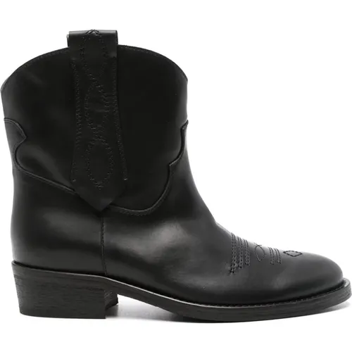 Schwarze Western Style Leder Stiefeletten , Damen, Größe: 37 EU - Via Roma 15 - Modalova