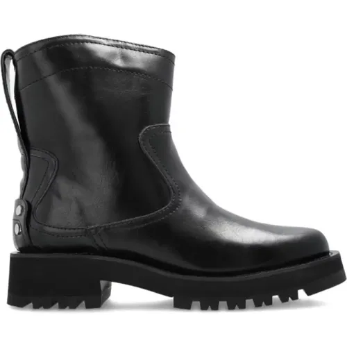 Ankle Boots, female, , Size: 7 US Leather Biker Boots with Stretch - Ganni - Modalova