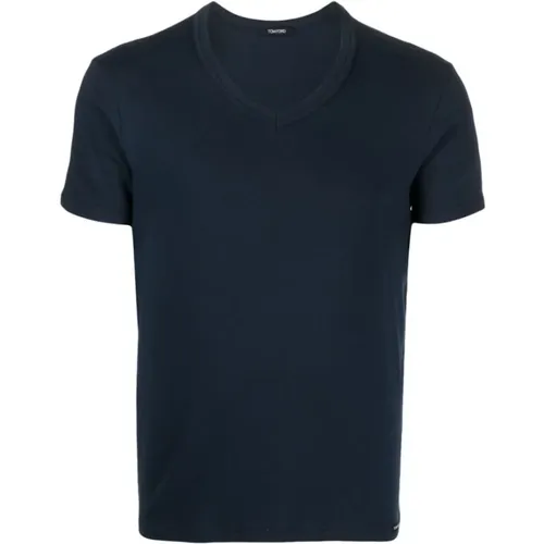 T-Shirts, male, , Size: 2XL Navy V-Neck Jersey T-shirt - Tom Ford - Modalova