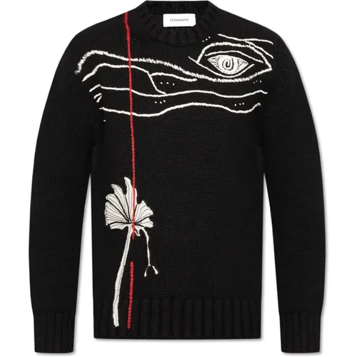 Round-neck Knitwear, male, , Size: XL Sweater with decorative embroidery - Salvatore Ferragamo - Modalova