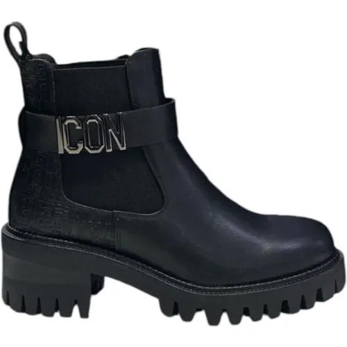 Schwarzer Lederstiefelette mit Logodetail , Damen, Größe: 39 EU - Icon Denim - Modalova