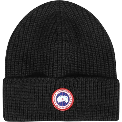 Ribbed Knit Merino Wool Hat with Logo Patch , male, Sizes: ONE SIZE - Canada Goose - Modalova