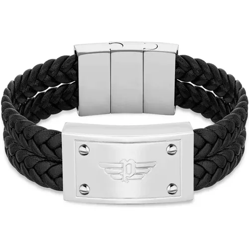 Bracelets, male, , Size: ONE SIZE Mens Leather Black Bracelet 200mm Valoriou Peagb2214602 - Police - Modalova