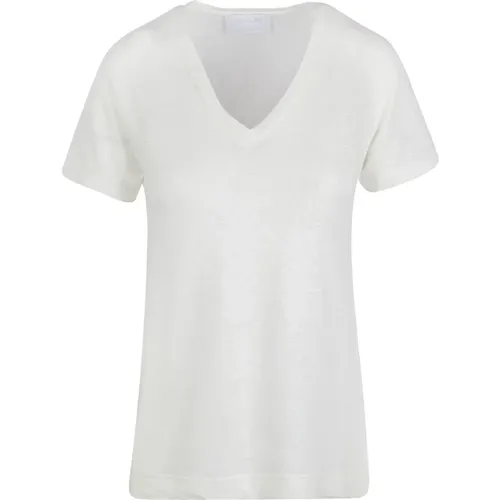 Leinen V-Ausschnitt T-Shirt , Damen, Größe: L - Daniele Fiesoli - Modalova