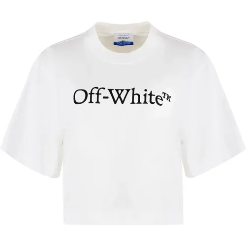 Off , Baumwoll Logo Print Cropped T-Shirt , Damen, Größe: S - Off White - Modalova