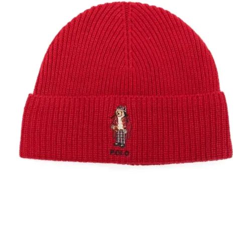 Beanies, male, , Size: ONE SIZE Ribbed Wool Bear Embroidered Beanie - Polo Ralph Lauren - Modalova