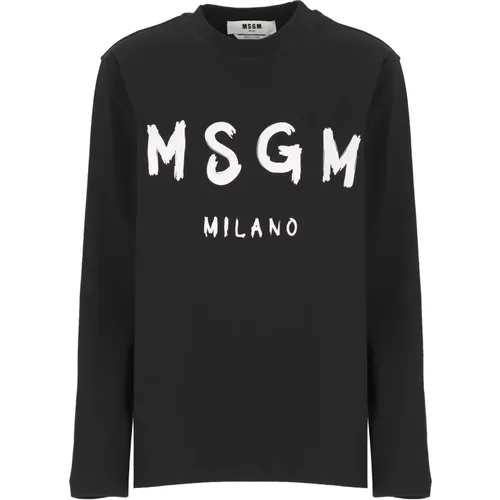 Schwarzes Baumwoll-Rundhals-T-Shirt , Damen, Größe: L - MSGM - Modalova