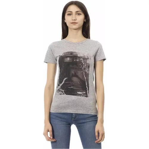 Graues Baumwoll-T-Shirt mit Kurzen Ärmeln und Frontdruck , Damen, Größe: S - Trussardi - Modalova