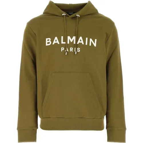 Hoodies, male, , Size: S Stretch Cotton Olive Sweatshirt - Balmain - Modalova