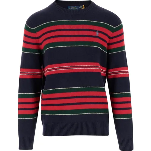 Round-neck Knitwear, male, , Size: L Striped Wool Cashmere Crew Neck Sweater - Polo Ralph Lauren - Modalova