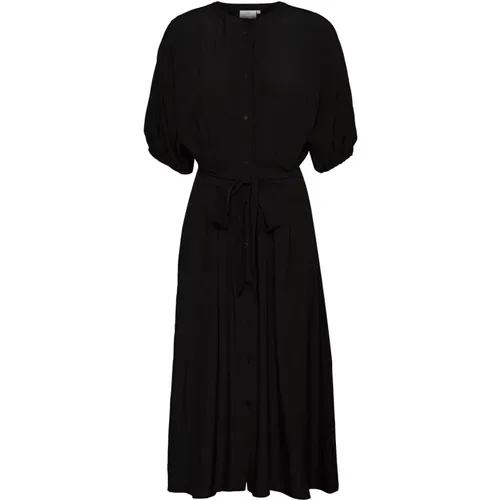 Einfaches Schwarzes Kleid mit Puffärmeln , Damen, Größe: L - Kaffe - Modalova