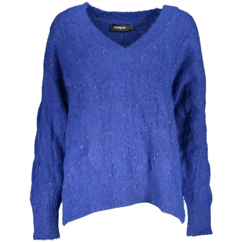 Lebendiger V-Ausschnitt Pullover mit Kontrastdetails , Damen, Größe: L - Desigual - Modalova