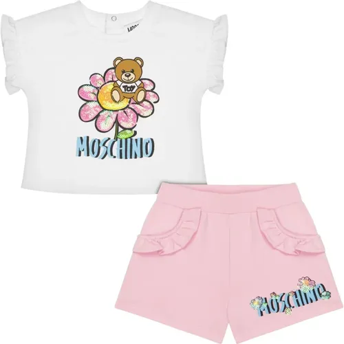 Weißes Teddy-Print-Kleid mit gerüschten Ärmeln und rosa Shorts - Moschino - Modalova