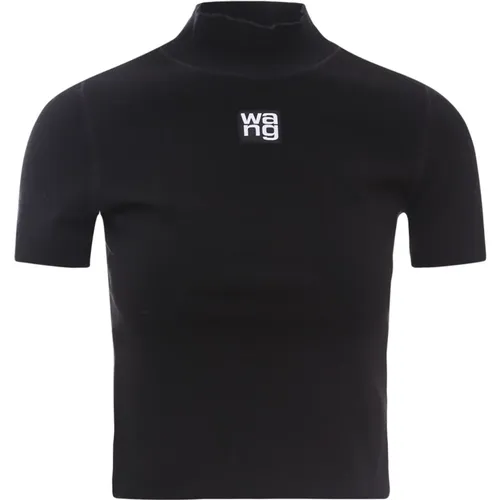 Schwarzes Baumwoll-T-Shirt mit hohem Kragen und Logo-Patch - alexander wang - Modalova