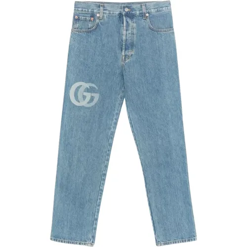 Straight Jeans, male, , Size: W31 Slim-Fit Denim Jeans with Logo - Gucci - Modalova