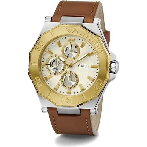 Watches, male, , Size: ONE SIZE Multifunction Prime Leather Watch Brown Gold - Guess - Modalova