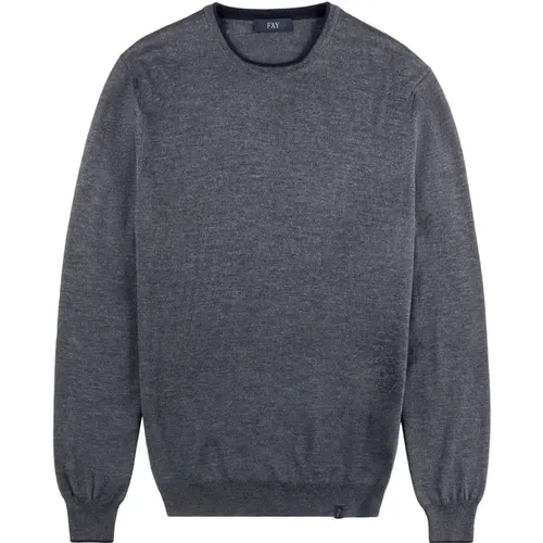 Grauer Wollstrickpullover mit Patches , Herren, Größe: M - Fay - Modalova