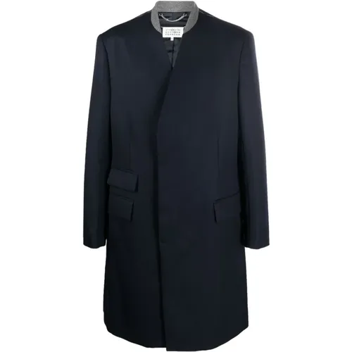 Navy Wool Coat with Mandarin Collar , male, Sizes: S, M - Maison Margiela - Modalova